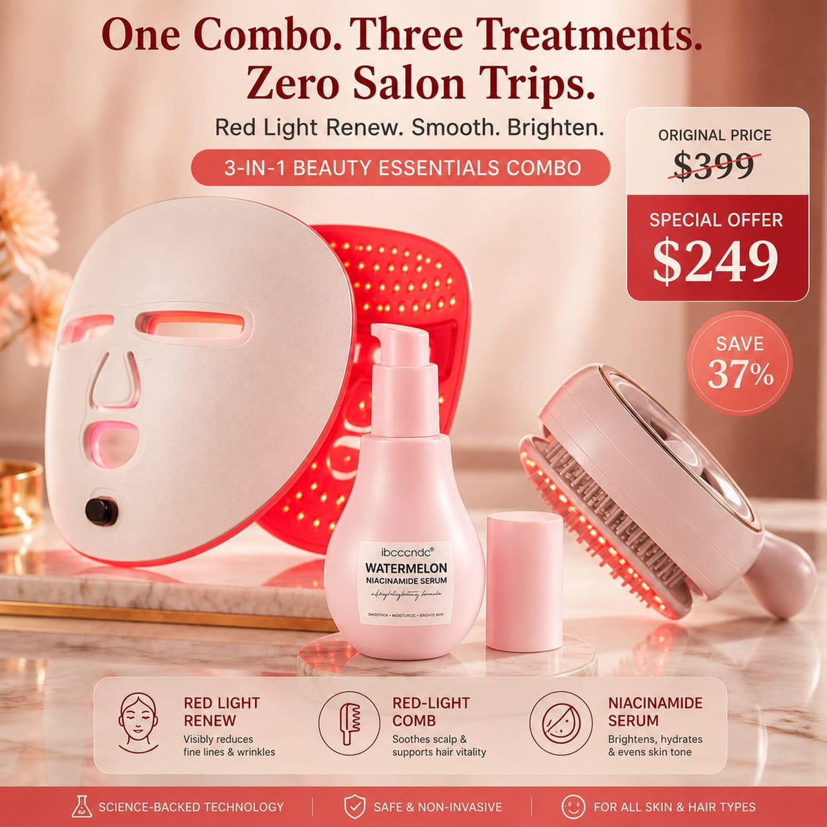 Nexero Glow Pro 3-in-1 Beauty Kit — LED Face Mask, Hair Comb & Watermelon Niacinamide Serum.